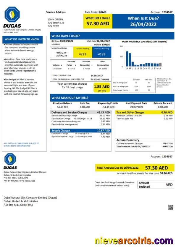 UAE Dubai Natural Gas Company Dugas utility bill
